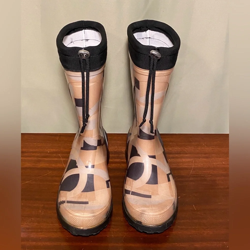 Salvatore Ferragamo Mid-Calf Rain Boots Brown Logo Rubber Pull On Women’s 8